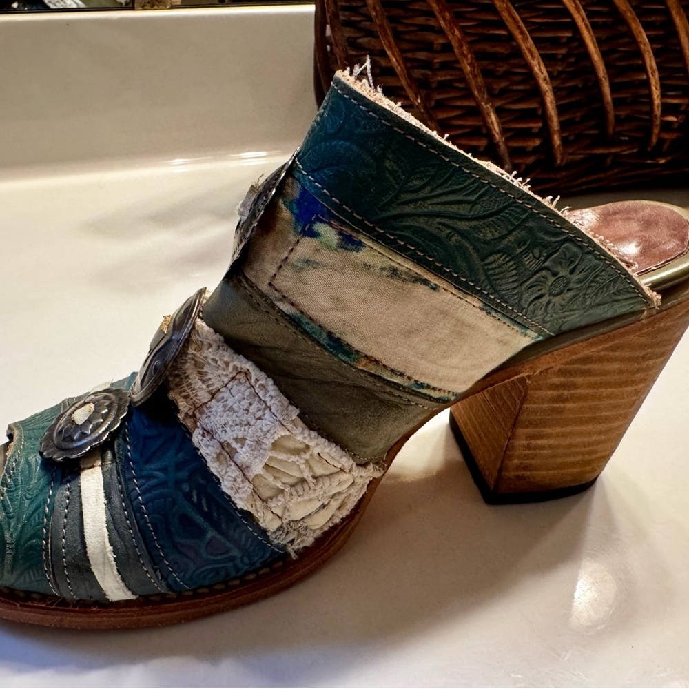freebird Teal and Olive Embossed Leather Boho Open-Toe Mules - Picture 3 of 9